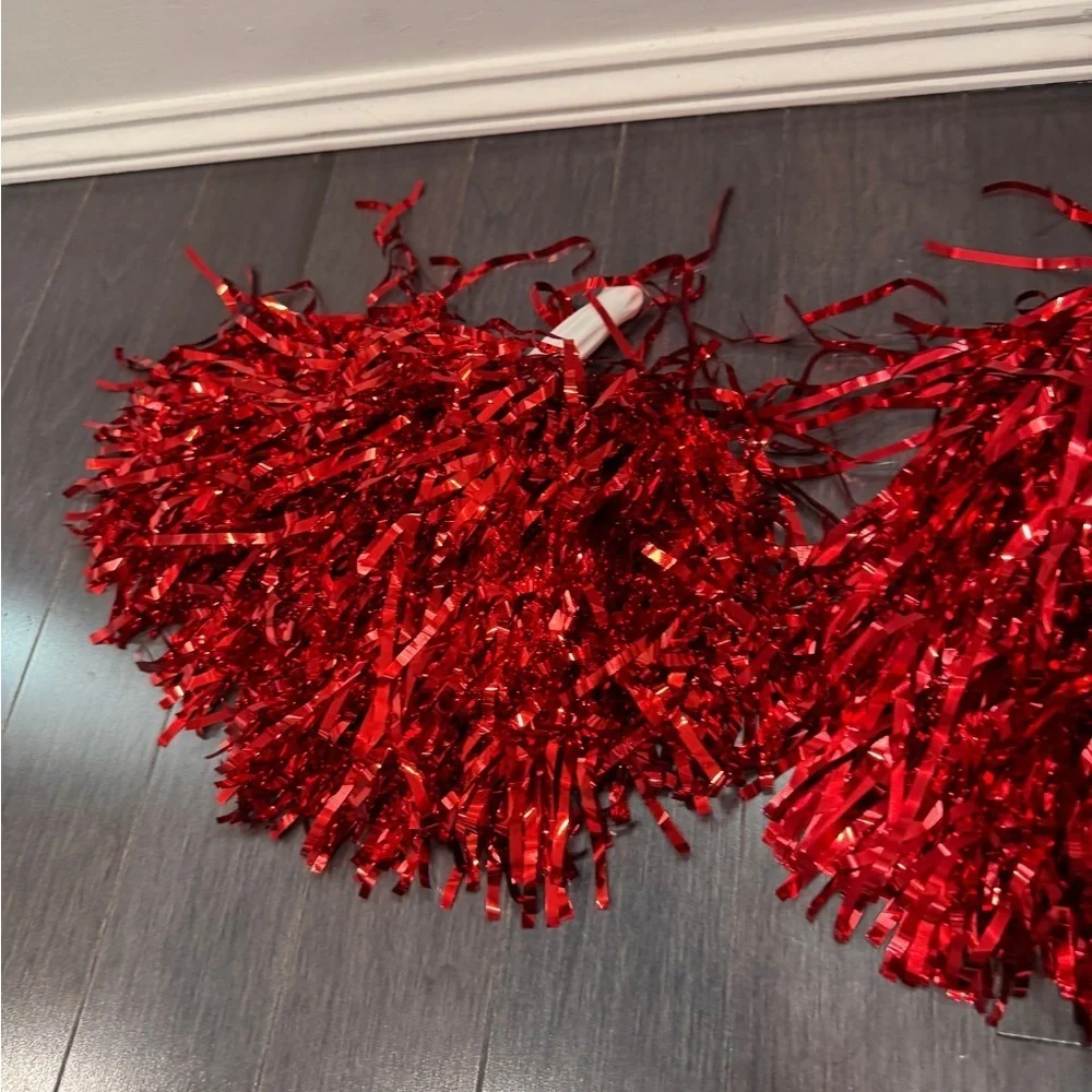 NWOT Metallic Red Cheerleading Pom Poms with Handles Girls Cheerleader